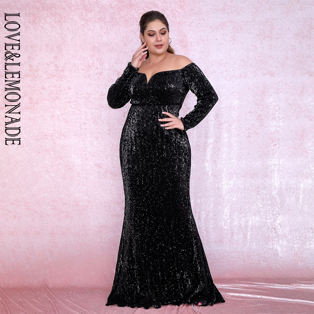 

LOVE&LEMONADE Plus Size Sexy Black Deep V-Neck Off-The-Shoulder Bodycon Elastic Sequins Maxi Dress LM80273PLUS Autumn/Winter