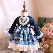 Осенне-зимнее темно-синее винтажное платье принцессы в стиле испанской Лолиты в форме сердца с мишкой Тедди для маленьких девочек повседневное праздничное платье для девочек