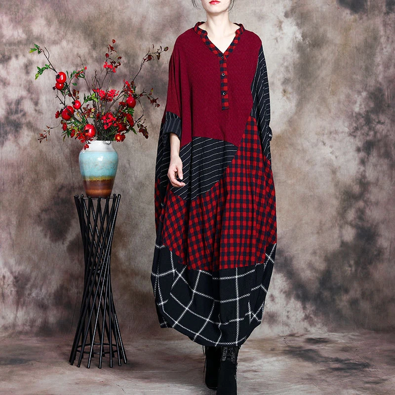 

2020 Autumn New Product Original Cotton and Linen Stitching Plaid Dress Classic Cocoon-Type Temperament Age-Reducing Robe