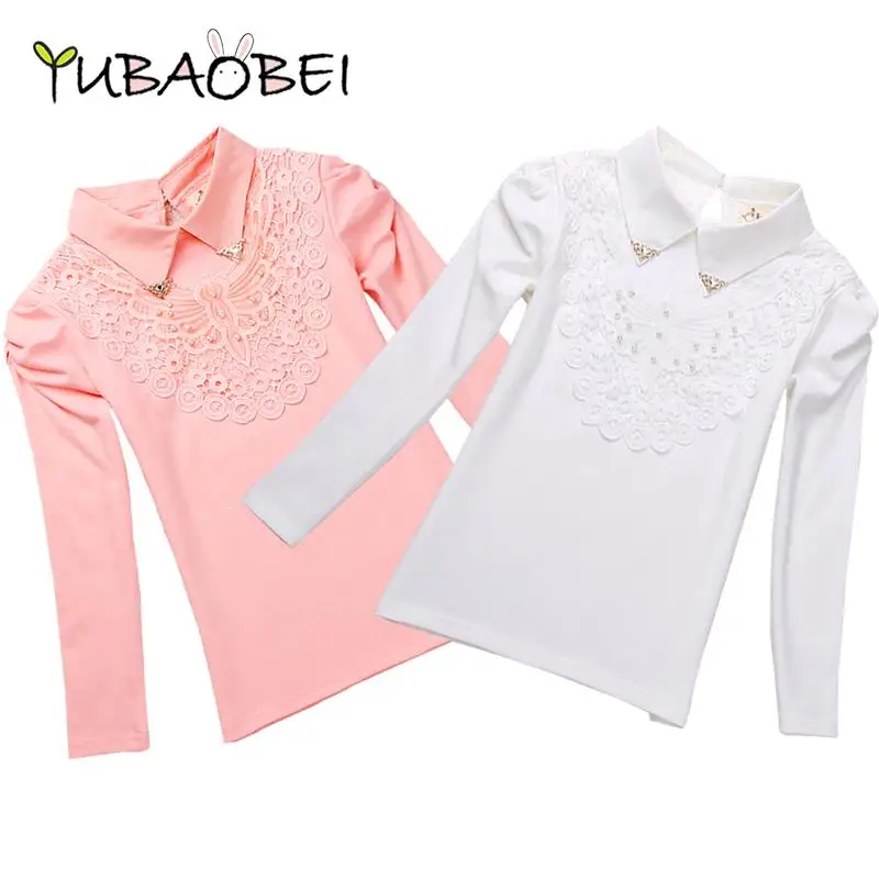 School Girls Blouse Shirts New Spring Fashion Kids Solid Turn-Down Lace Flower Blouses High Quality Children Cotton Clothes