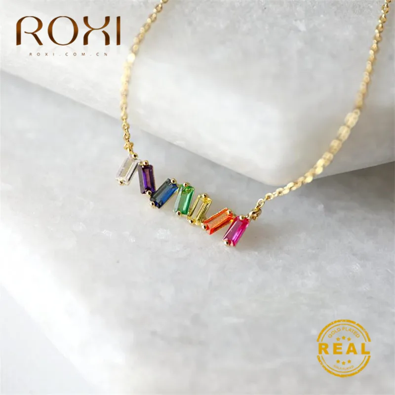 ROXI Радуга ожерелье с фианитами Для женщин геометрический Циркон с радужным блеском ожерелье с удлиненной цепью& Подвески ювелирные изделия колье в стиле бохо