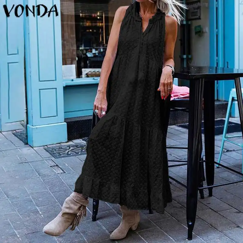 VONDA, летнее сексуальное платье макси без рукавов размера плюс, v-образный вырез, одноцветные платья для вечеринок, повседневное свободное пляжное богемное платье, Vestidos 5XL Robe