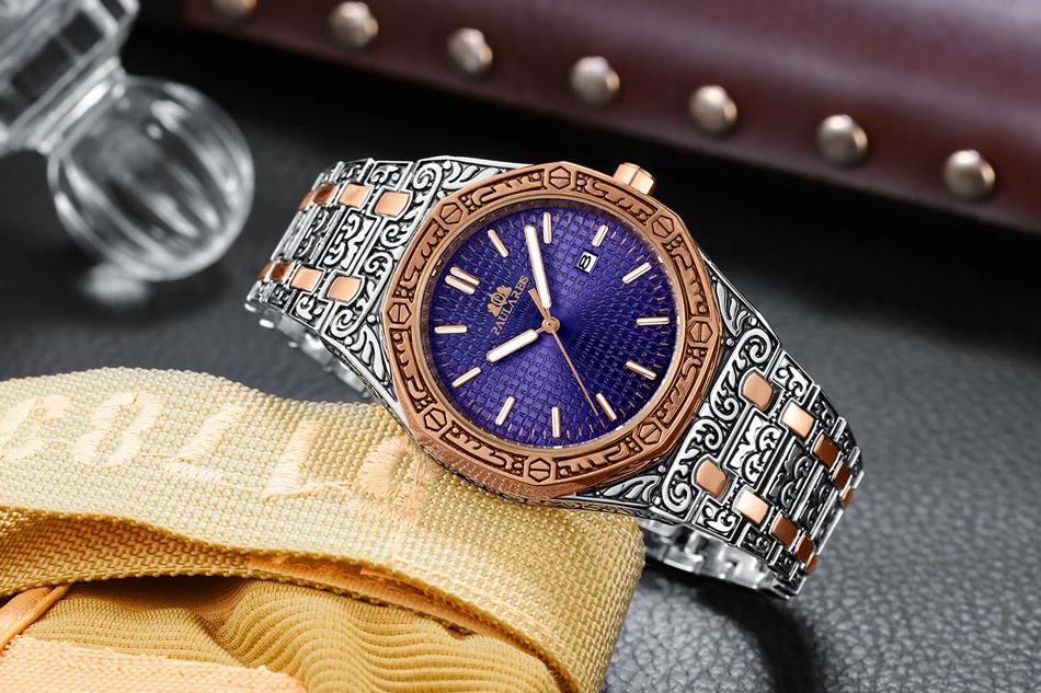 Lusso antico intagliato vintage luminoso oro rosa oro giallo argento 2 toni blu quarzo classico da uomo_voghion.com