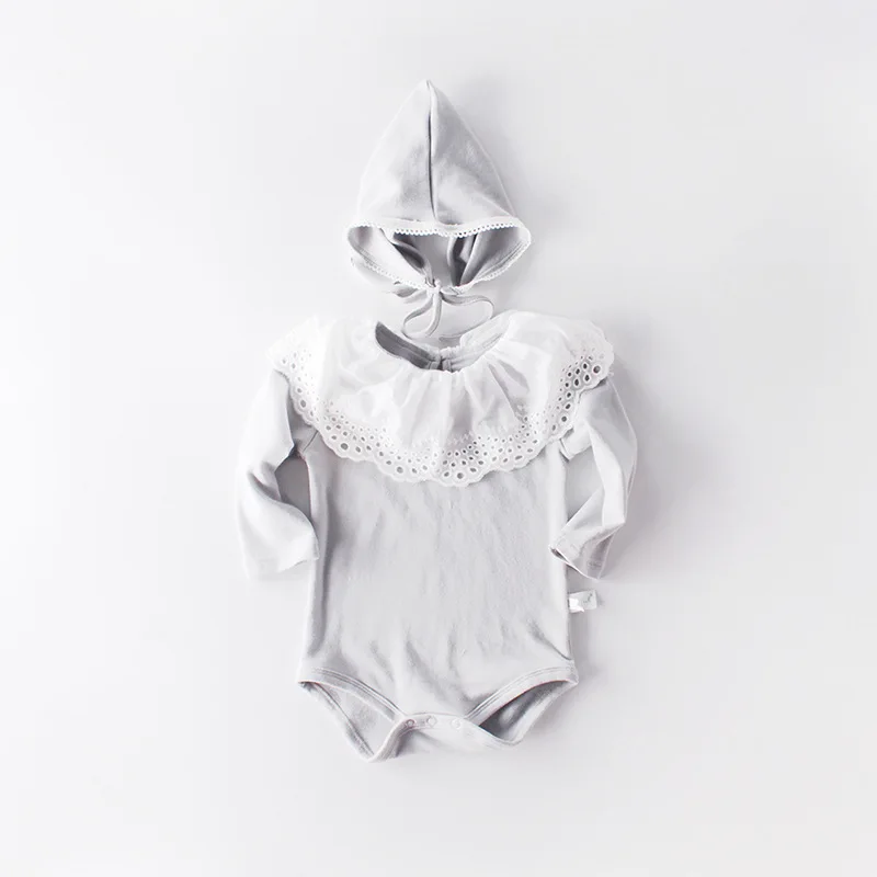 Koodykids/Боди для маленьких девочек; весенние комбинезоны со шляпой; детские кружевные комбинезоны; Осенняя детская модная одежда розового и серого цвета с длинными рукавами