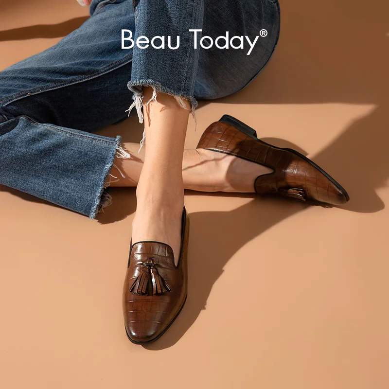 US $67.99 Beautoday Loafers Women Calfskin Leather Alligator Pattern Fringe Slip On Waxing Round Toe Retro Casual Ladies Flat Shoes 27278