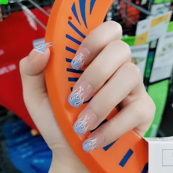 

24pcs Special Design Light Blue Fire Pattern Decor Finished Fake Nails Patch Waterproof Mid-length Detachable Nails TN