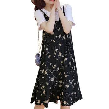 

Elegant Women Dress Suit 2020 Summer T shirt +Floral Primt Sumdress 2 Piece Set Top And Skirt Large Plus Size Pregnancy Clothes