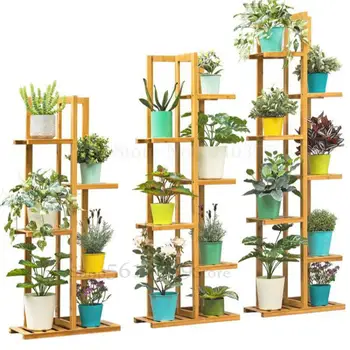 

Floor-standing storage decorative flower shelf multi-level indoor balcony green porridge solid wood living room style decoration