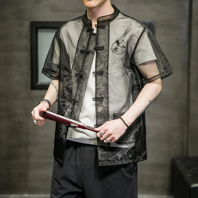 

Embroidered Sunscreen Chinese Style Shirts Air-conditioned Cardigan Silk See Through Clothes In Oriental Style Black Buckle Tops