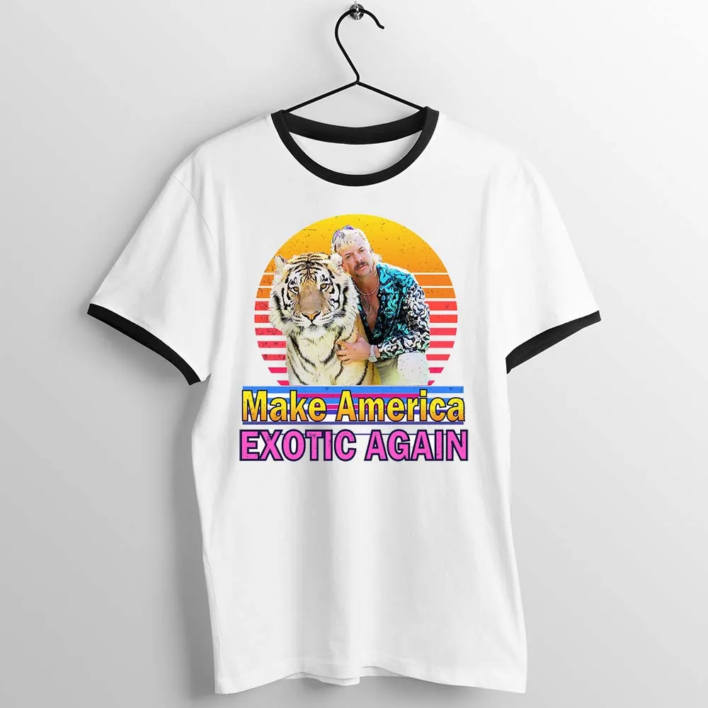

Black Trim Unisex T Shirt Make America Exotic Again Meme Tiger King Joe Exotic Funny Printed Artwork Tee