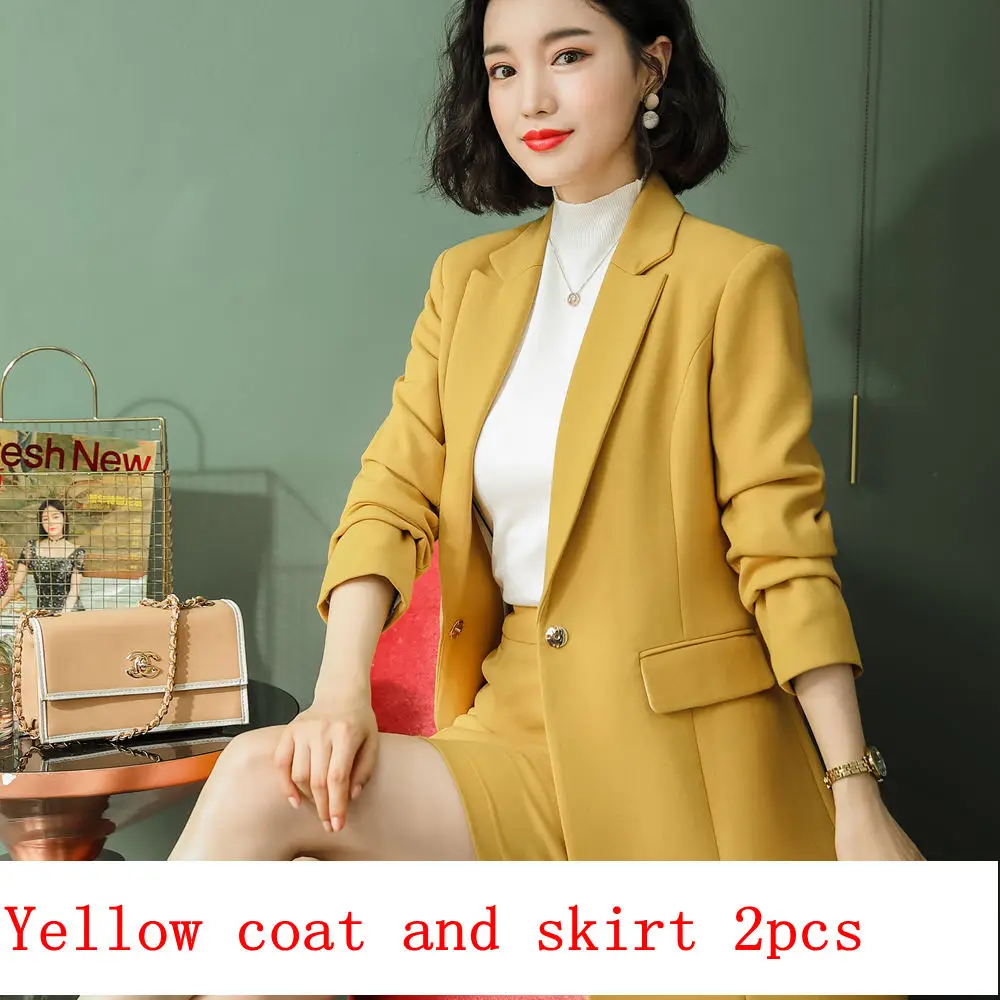 Yellow 2PCS Комплект с блейзером и юбкой; офисная форма; костюм с юбкой из двух предметов; Модный женский костюм с юбкой; комплект с блейзером и юбкой; Дополнительный размер - Цвет: Yellow 2PCS