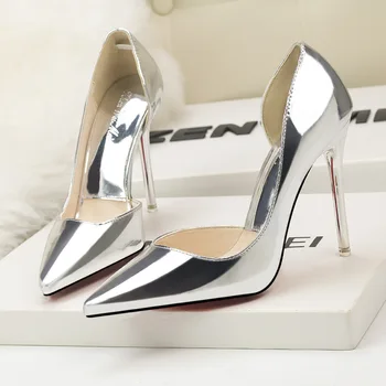 

Silver Bling Fresh High Heels Patent Leather Stiletto Single Shoes Korean Sexy Pointed Pumps Professional Work Shoes X9X00231