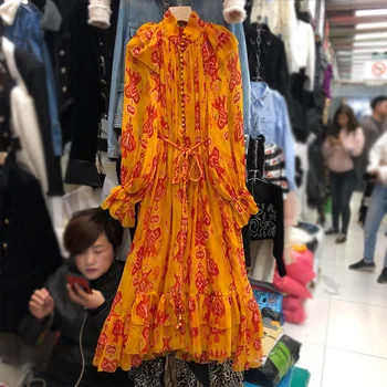 

2020 Spring and Autumn New Temperament Bohemian Dress Women's Long-Sleeve Printed Long Dress Boho Dresses Holiday Outfits Femme