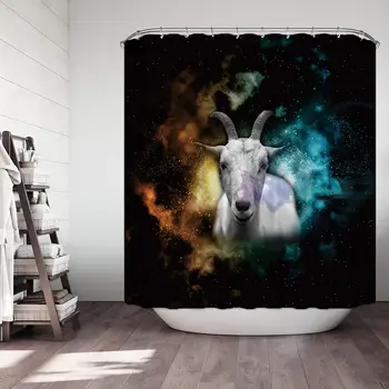 

House Decor Shower Curtain Set,A White Sheep on Black with Golden and Green Light Very Mythical Dreamy,Fabric Bathroom Decor Set