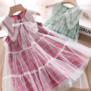

2020 Summer Girls Square Collar Lace-up Plaid Vest Dress Children's Clothing Wholesale