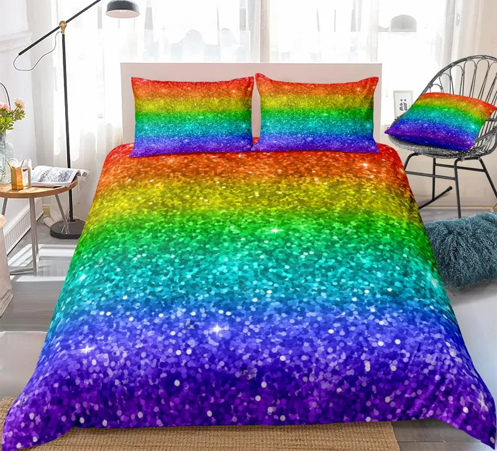 3pcsRainbowGlitterDuvetCoverSetMulticoloredBeddingKidsGirls