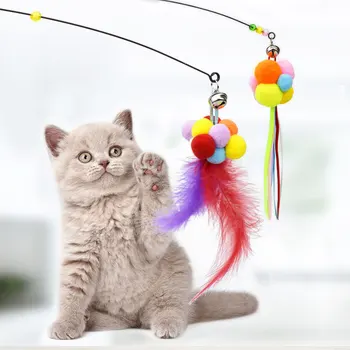 

Pet Supplies Colorful Furry Ball Feather Steel Wire Cat Teaser Interactive Training Cat Playing Rod Cat Toy