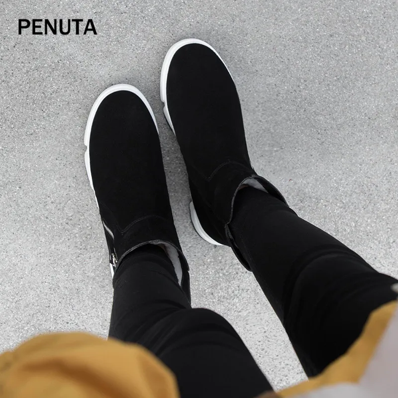 PENUTA Fur Boots Women Black Suede Leather Ladies Winter Warm Shoes Zipper Up Casual Boots Newest Fashion Designer PD998