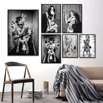 

Sexy Girl Sits in a Toilet Canvas Art Posters And Prints Black And White Nordic Canvas Painting On the Wall Art Picture Decor