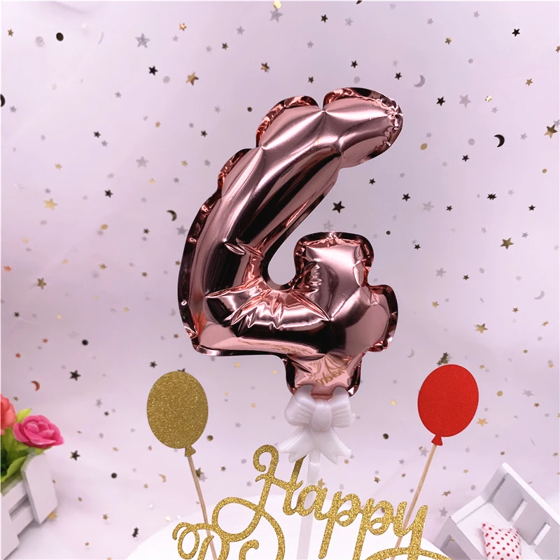 Мини Самонадувающийся розовое золото Воздушные шары из фольги в виде цифр Торт Топперы с лук-палка Свадебный декор день рождения торт поставки - Цвет: Rose Gold 4