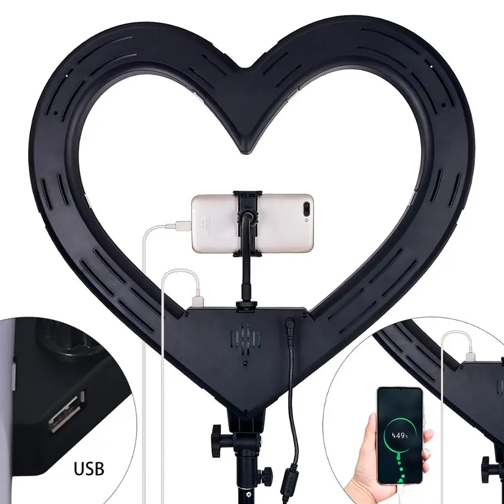 US $128.56 FOSOTO Led RGB Light HeartedShape Photographic Lighting 3200K5600K Lamp With Tripod And USB Port For Video Phone Camera Makeup