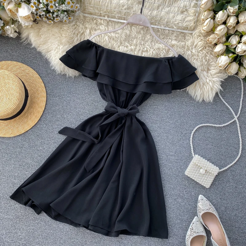 SINGRAIN Summer Women Off Shoulder Dress Bohemian Romantic Ruffle Sundress Party Holiday A-Line Retro Solid Chiffon Beach Dress