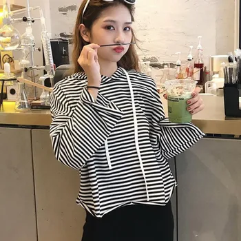 

2019 Autumn New Drawstring Hooded Sweatshirt Women's Fashion Striped Casual loose Sweatshirt Leisure Street Wear Women Clothes