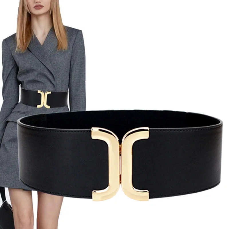 Designer Fashion Women Elastic Belt ​PU Leather Gold Buckle Multicolor Adornment Dress Overcoat Stretchy Wide Waistband
