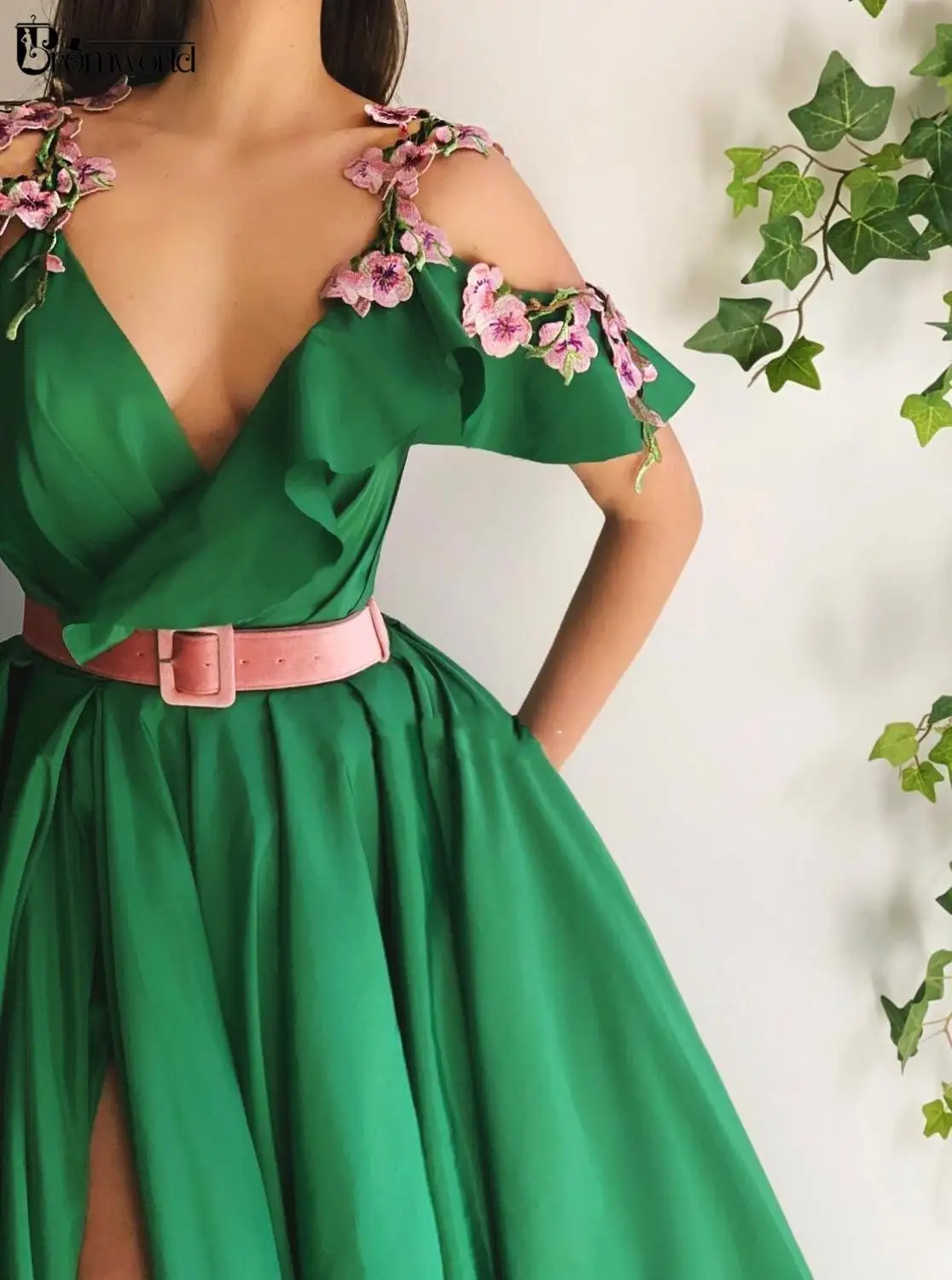 Сексуальное зеленое выпускное платье с v-образным вырезом, ТРАПЕЦИЕВИДНОЕ платье из тафты с разрезом спереди и цветами на бретелях, длинное вечернее платье, vestido de festa longo