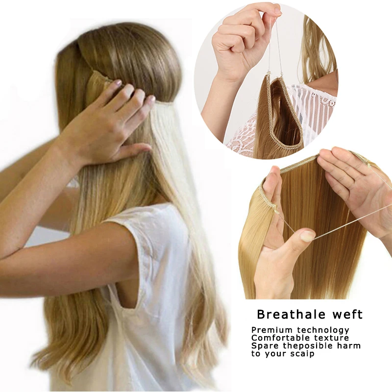 MANWEI24 inches Natural hair Invisible Wire in Synthetic Hair Extensions No Clip with Secrect Line Easy Attach halo hair hair extensions,clip in hair extensions