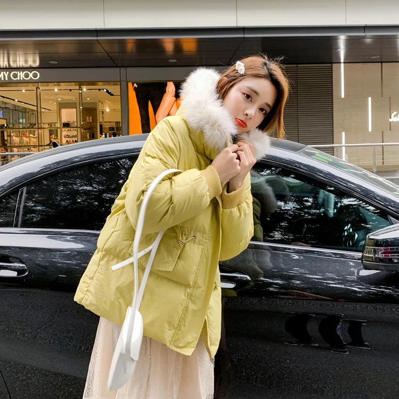 

Y11710 New Style Korean Series Solid Color Short-height Cotton Coat Genuine Fur Collar Hooded Thick Cotton-padded Clothes