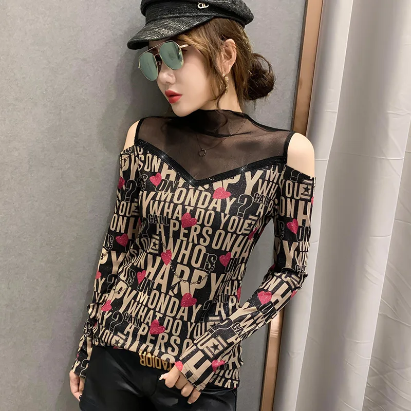 

Plus Size Women Autumn Shirts Elegant Party 2020 New Cotton Shirts Office Lady Full Diamonds Letter Turtleneck Mesh Tops Shirts