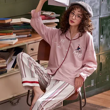 

2020 Spring and Autumn Korean Style Hipster Pajamas Cardigan Lapel Combed Cotton Long Sleeve Leisure Tops Pajamas for Women