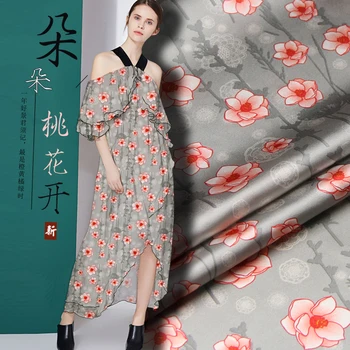 

PRINTED SILK STRETCH SATIN 118cm width 19momme Natural Silk Fabric Grey and Pink Floral Pattern