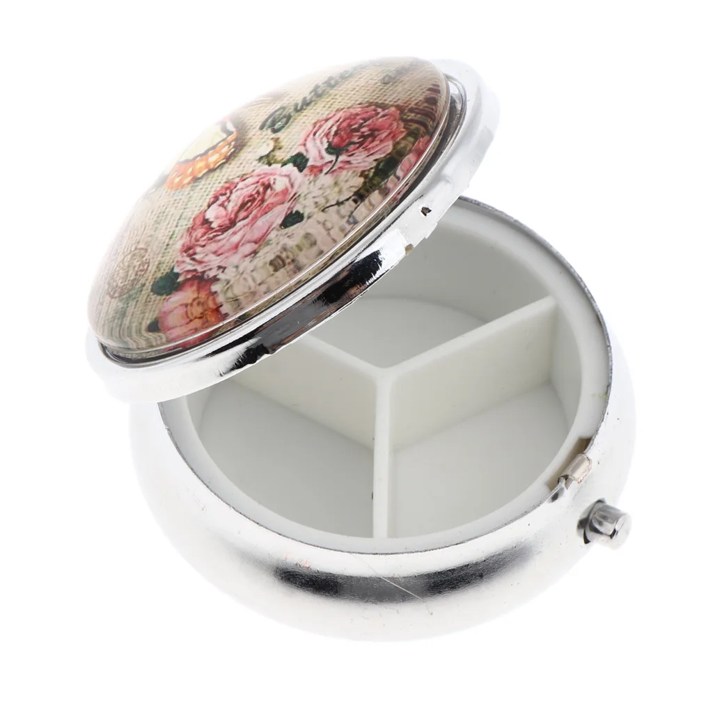 Round Floral Pill Storage Case Travel Portable Box for Makeup Eyeshadow Blusher Nail Art Glitters with 3 Compartments