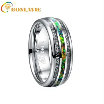 

BONLAVIE 8mm Silver Color Stone Men's Ring Inlaid Black Meteorite Green Opal Wedding Band Engagement Ring Tungsten Carbide Ring