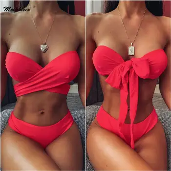 

Melphieer Red Bikini Strappy Wrap Cross Swimsuit Women's Street Beach Wear Two Pieces swimwear women bikini bathing suit maillot