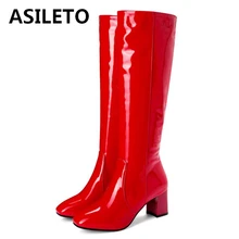 ASILETO Women Pattent leather knee high boots for women 6cm block heels red white black lady winter leather shoes botte femme