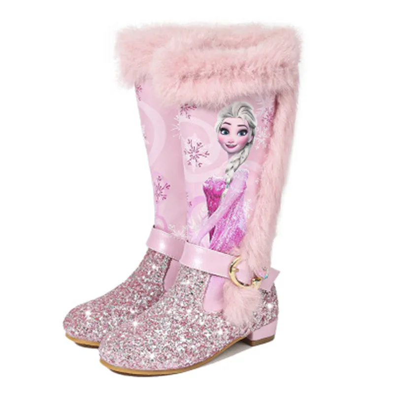 Long pink Обувь принцессы Эльзы; Детские Мультяшные сапоги из искусственной кожи с блестками; Зимние Сапоги выше колена для девочек; теплые шерстяные сапоги выше колена - Цвет: Long pink