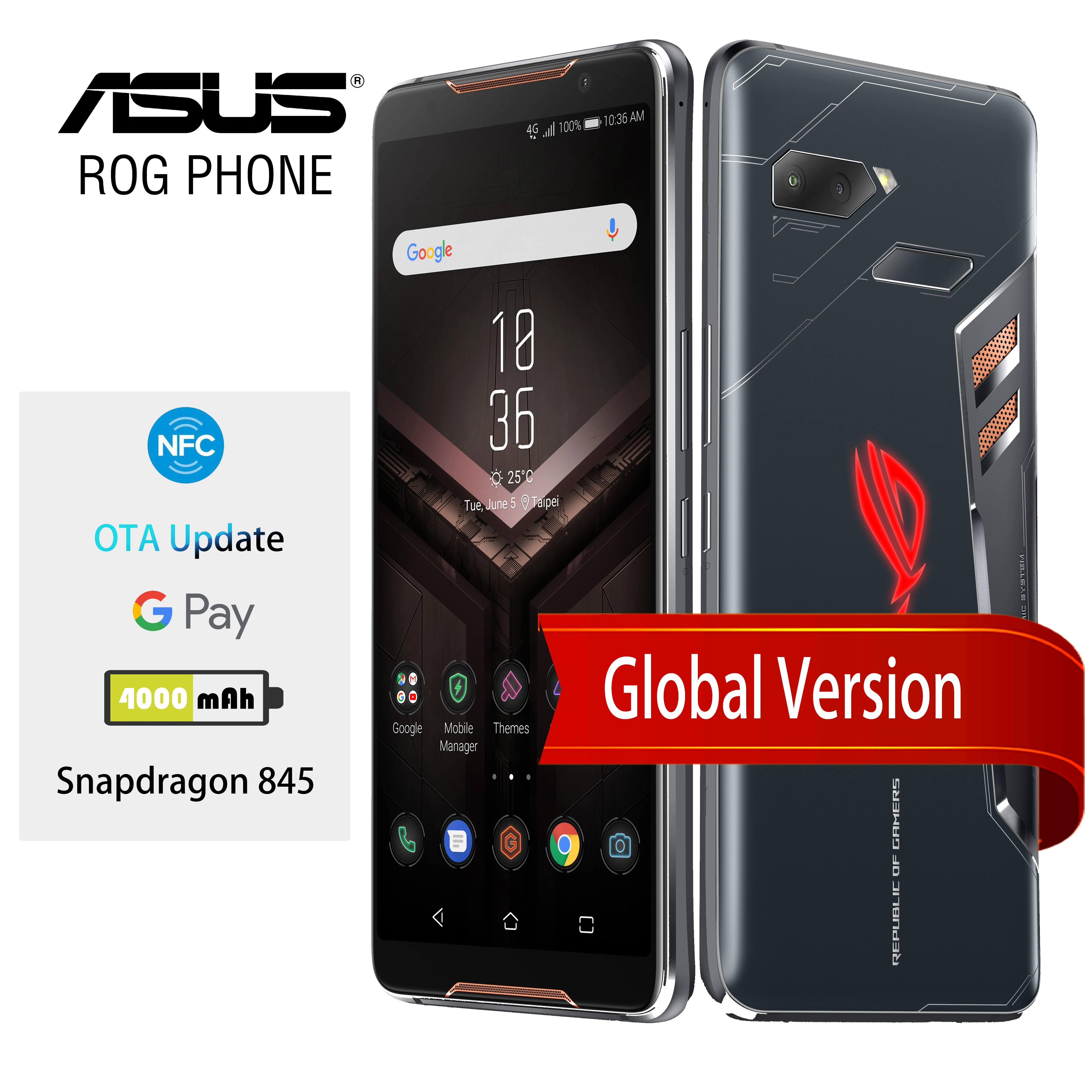 Глобальная версия ASUS ROG Phone ZS600KL 8 Гб RAM 128/512 ROM Snapdragon 845 Adreno 630 NFC Android 1 OTA обновленный