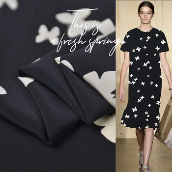 

Butterfly print on black pure silk crepe de chine silk fabric not transparent,SCDC1202