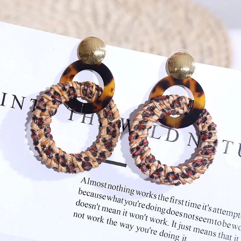 

new fashion leopard print acrylic drop earrings vintage boho handmade statement rattan knit hanging dangle earrings for women