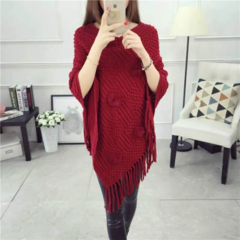 wine red ball Женское трикотажное пальто пончо весенне-осенняя одежда женские Нестандартные Свободные Свитера большого размера с кисточками длинный женский свитер - Цвет: wine red ball