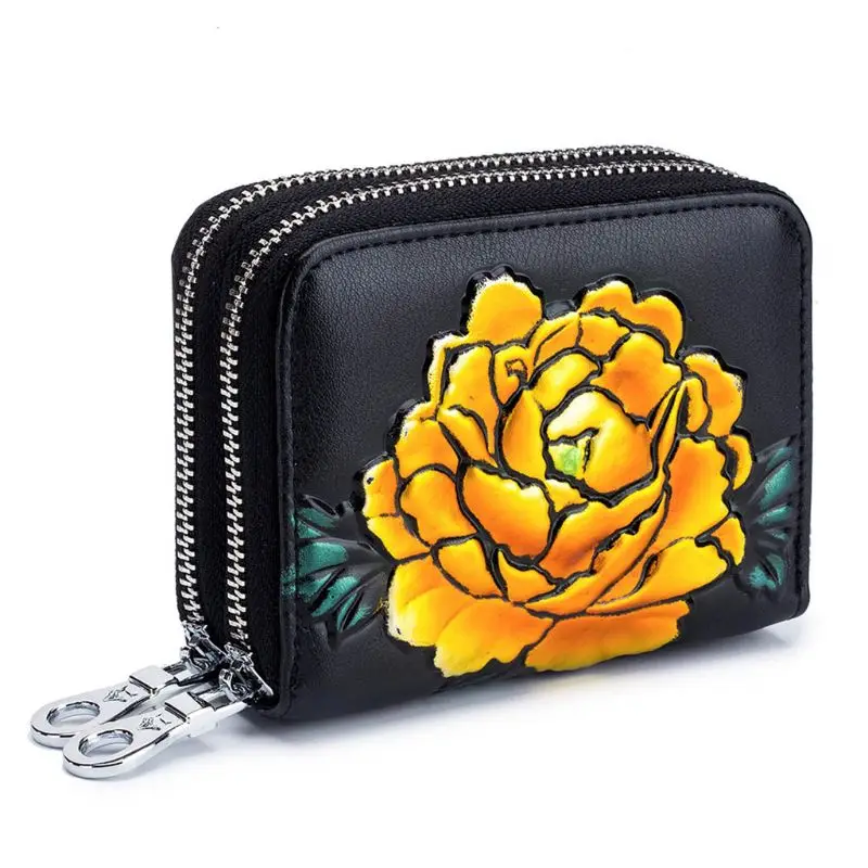 Women Rose Flower PU RFID Blocking Wallet Credit Card Holder Case Zipper Purse