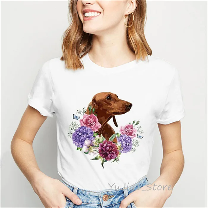 Y81615 Dachshund Цветущая Цветочная художественная Футболка женская в виде симпатичных собак Футболка с принтом женская летняя футболка Женская белая футболка уличная - Цвет: Y81615