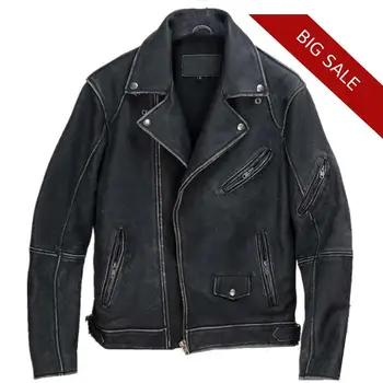 

2020 Vintage Black Men Slim Fit Motorcycle Leather Jacket Plus Size XXXL Genuine Thick Cowhide Winter Biker's Leather Coat