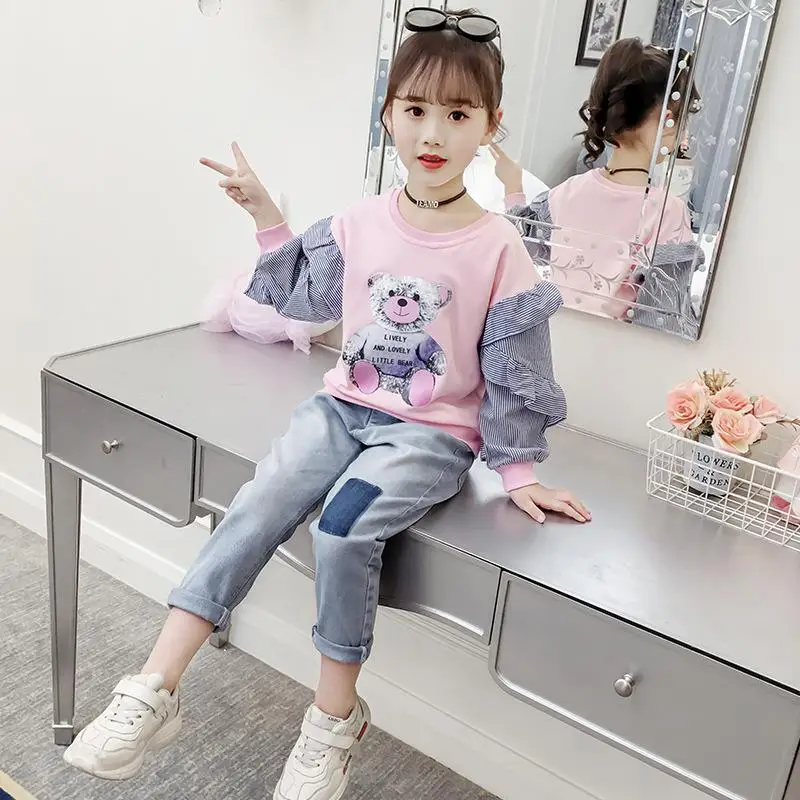 Детская футболка с длинными рукавами; детская одежда; Новинка; хлопковая одежда в полоску с принтом медведя; контрастный цвет; свободная одежда для маленьких девочек
