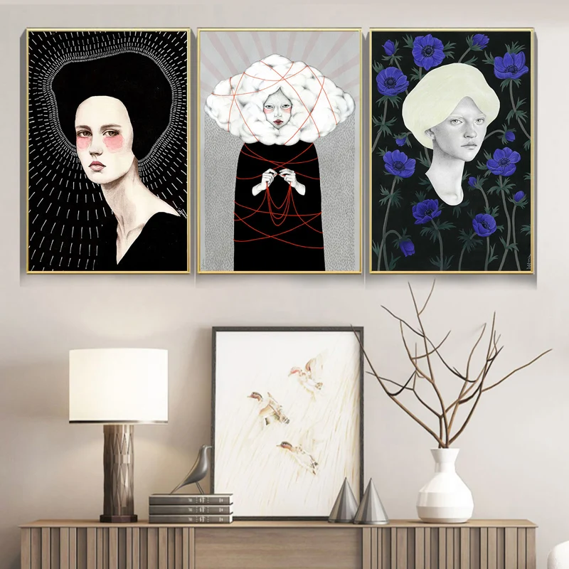 

Vintage Abstract Fashion Girl Blue Flower Art Canvas Painting Nordic Poster Wall Pictures For Living Room Home Decor
