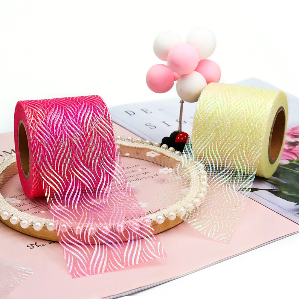 6cm 25Yards Illusory Organza Tulle Ribbon Water Wave Patern Mesh Tape Iridescent Color Fabric DIY Handmade Hairclips Bowknot ribbon decoration ribbon supplies organza ribbon fabric craft supplies