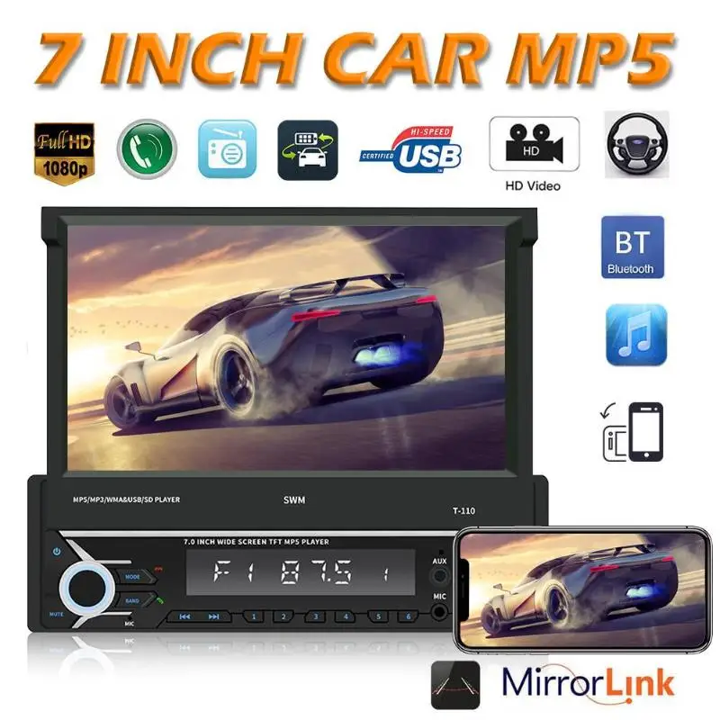 

SWM T-110 7 inch Folded Screen Bluetooth Car Stereo AUX USB FM Radio Head Unit Supporting Extended Bluetooth Phone Microphone